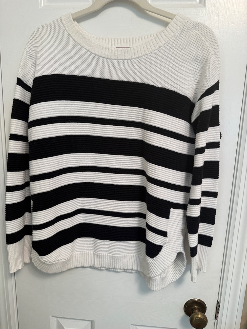 Chico's Size 1 black, and white striped sweater